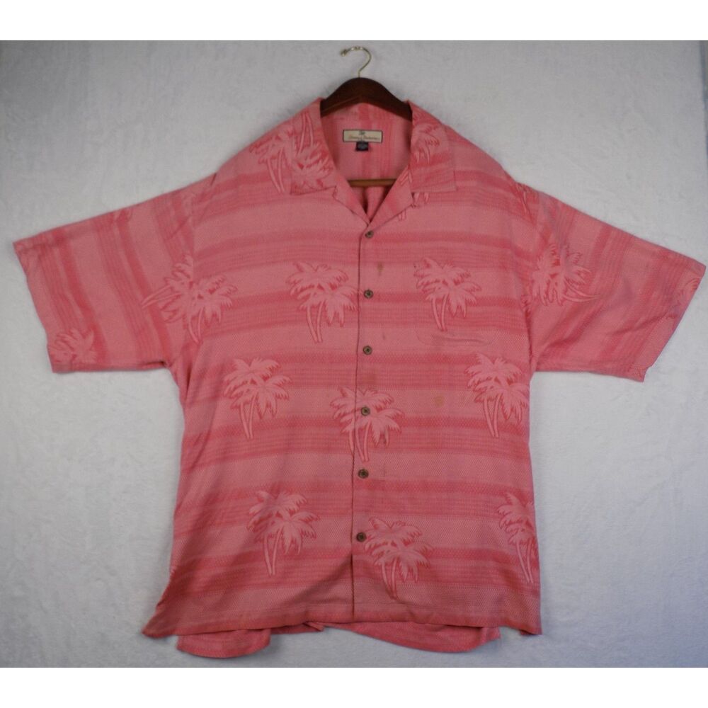 Tommy Bahama Mens‎ XL Pink 100% Silk Palm Tree Jacquard Short Sleeve Camp Shirt